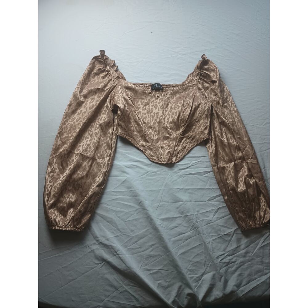 Milk & Honey Leopard Print Satin Long Sleeve Crop Top Women Size Large